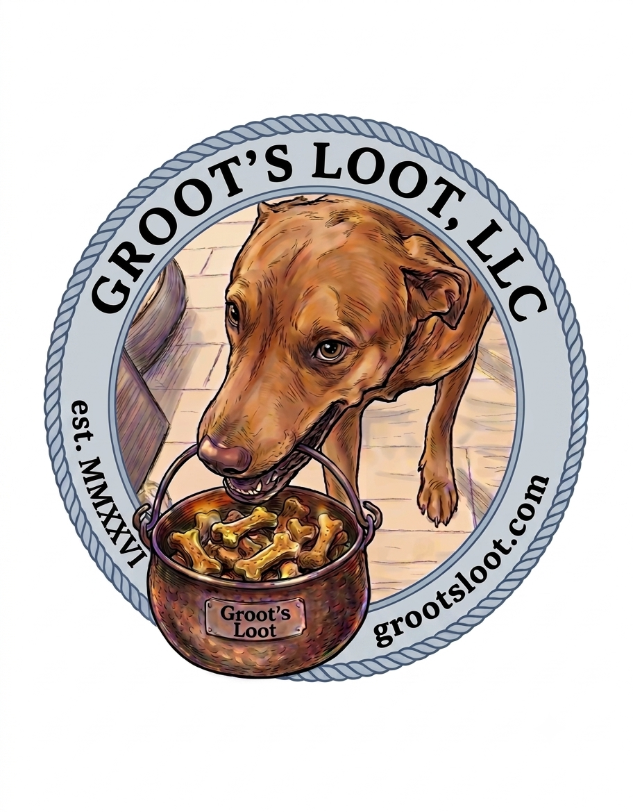 Groot's Loot, LLC official logo featuring a dog holding a copper pot of biscuits